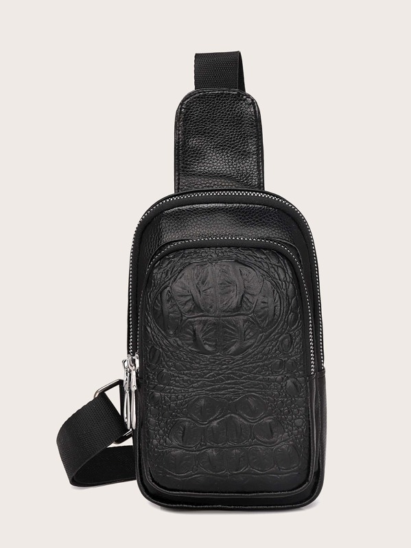 

Men Croc Embossed Sling Bag, Black