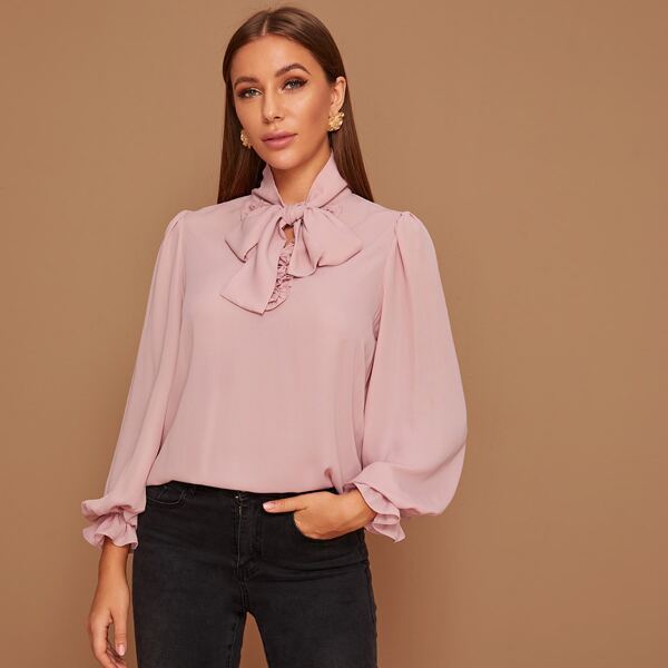 

Solid Tie Neck Ruffle Trim Top, Pink pastel