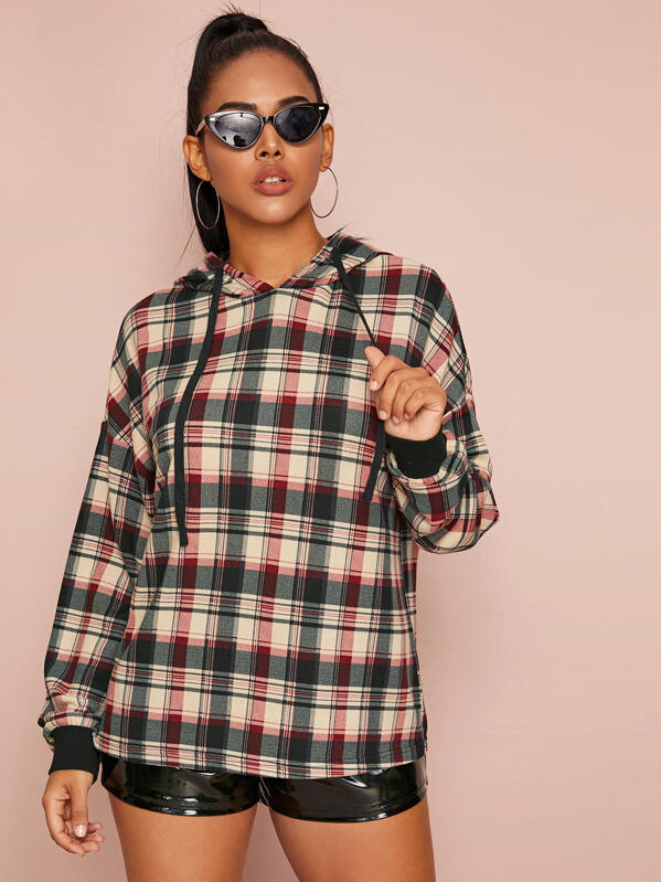 

Drop Shoulder Plaid Hoodie, Multicolor, Tina