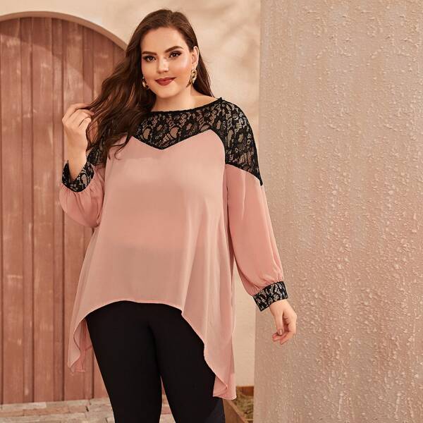 

Plus Lace Shoulder Asymmetrical Hem Top, Pink pastel