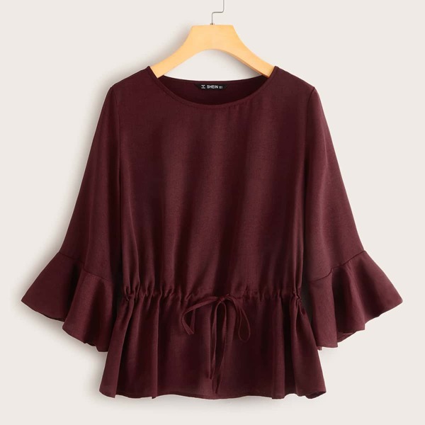 

Ruffle Trim Drawstring Detail Peplum Top, Burgundy