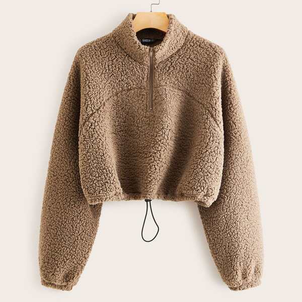 

Zip Half Placket Teddy Sweatshirt, Brown