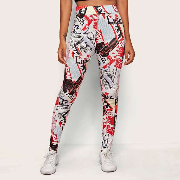 

High Waist Newspaper Print Leggings, Multicolor