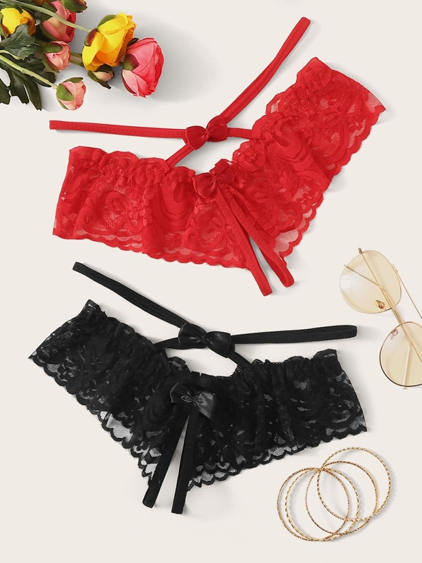 

2pack Floral Lace Crotchless Panty Set, Multicolor