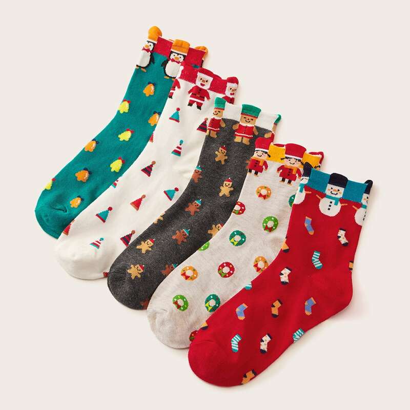

5pairs Santa Claus Pattern New Year Socks, Multicolor
