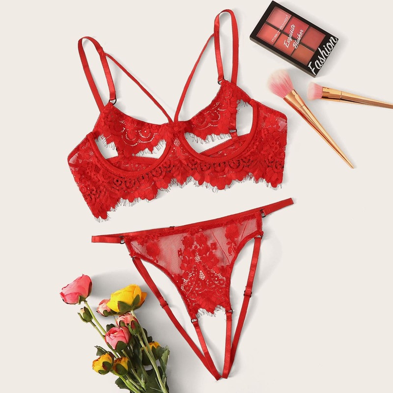 

Lace Underwire Crotchless Lingerie Set, Red