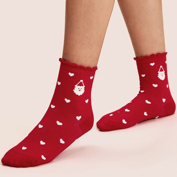 

1pair Christmas New Year Heart Pattern Socks, Red