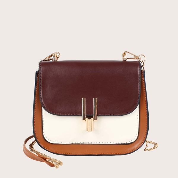 

Color Block Metal Lock Chain Bag, Multicolor