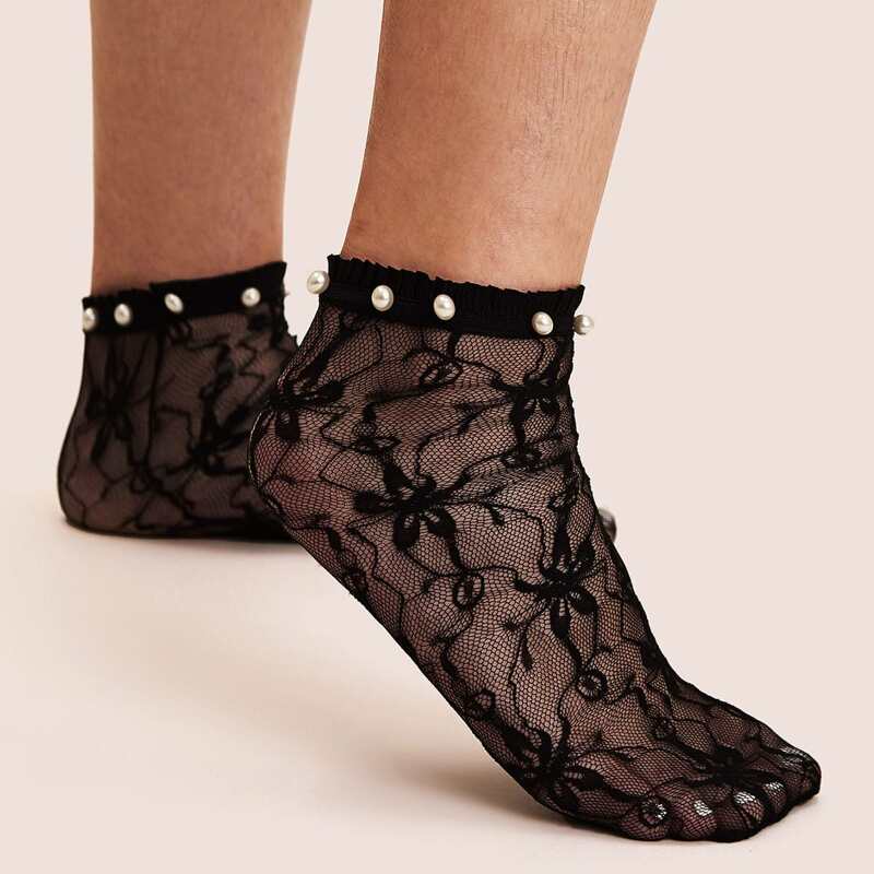 

1pair Faux Pearl Decor Flower Mesh Socks, Black