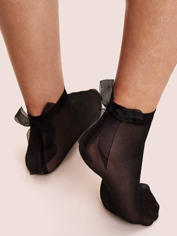 

1pair Bow Knot Decor Mesh Socks, Black