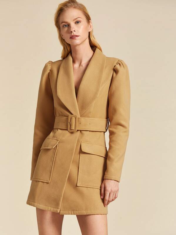 

Premium Shawl Collar Flap Pocket Belted Coat, Khaki, Denisa