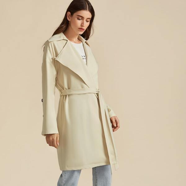 

Premium Drop Shoulder Button Detail Belted Coat, Beige