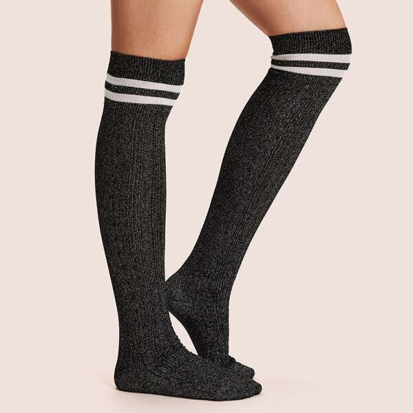 

1pair Striped Pattern Knee Length Socks, Black and white