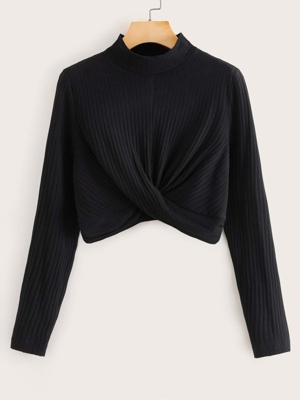 

Mock Neck Rib-knit Cross Wrap Tee, Black