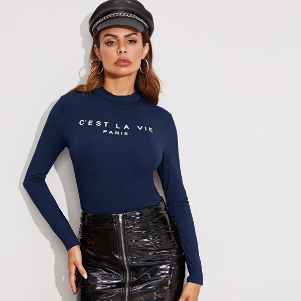 

Mock-neck Slogan Graphic Fitted Tee, Navy