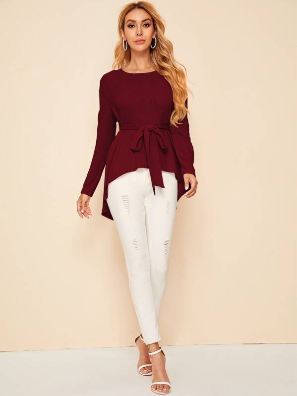 

Rib-knit Belted High Low Hem Tee, Burgundy, Melina