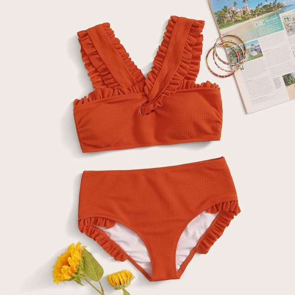 

Textured Ruffle Trim Top With High Waisted Bikini, Burnt orange