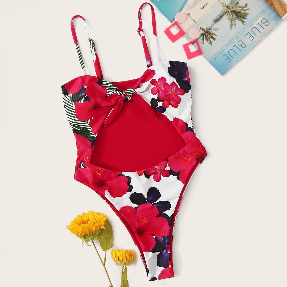 

Floral Knot Front Cut-out One Piece Swimwear, Red