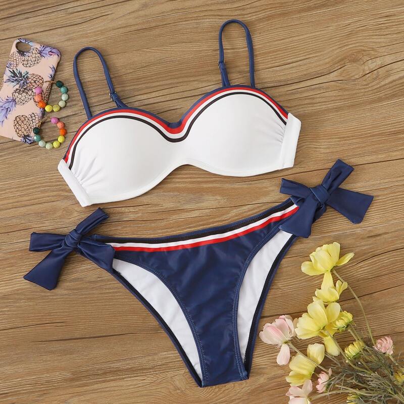 

Contrast Side Top With Tie Side Bikini Set, Multicolor