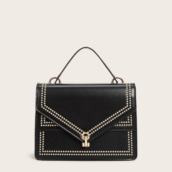 

Studded Trim Metal Lock Adjustable Satchel Bag, Multicolor