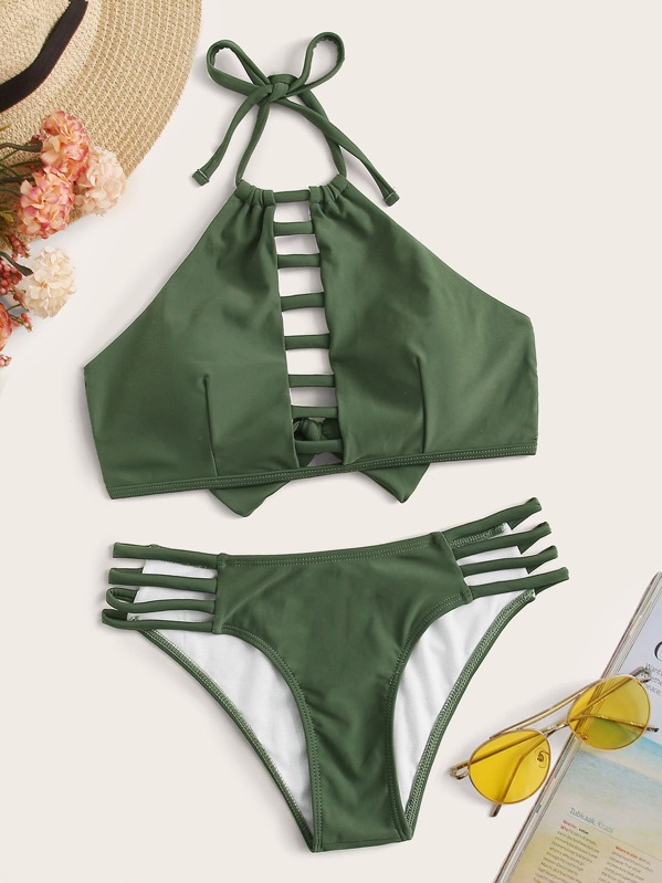 

Ladder Cut Out Halter Bikini Set, Army green