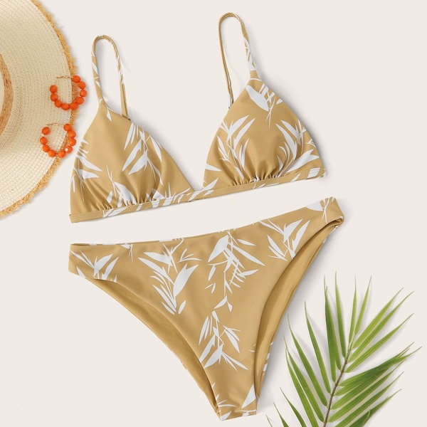 

Plant Print Triangle Bikini Set, Yellow