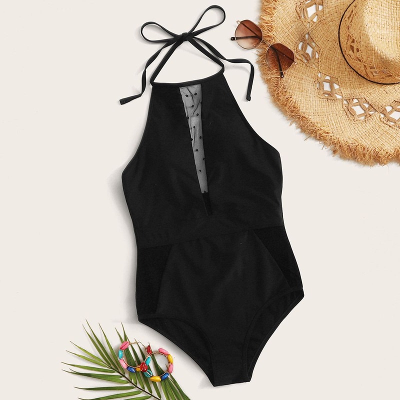 

Contrast Mesh Halter One Piece Swimwear, Black