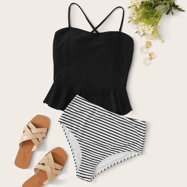 

Ruffle Trim Criss Cross Top With Striped Tankini, Black and white
