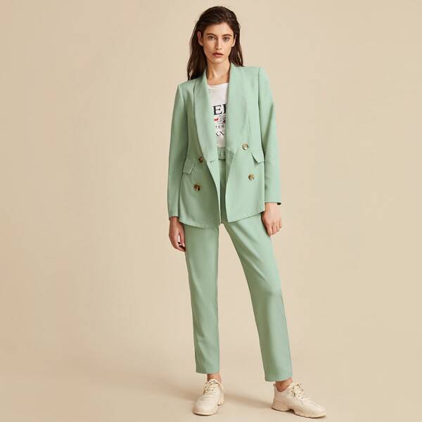 

Premium Shawl Collar Flap Detail Double Breasted Blazer & Pants Set, Green pastel