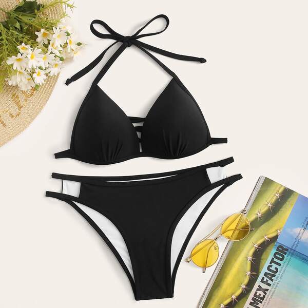 

Solid Halter Bikini Set, Black