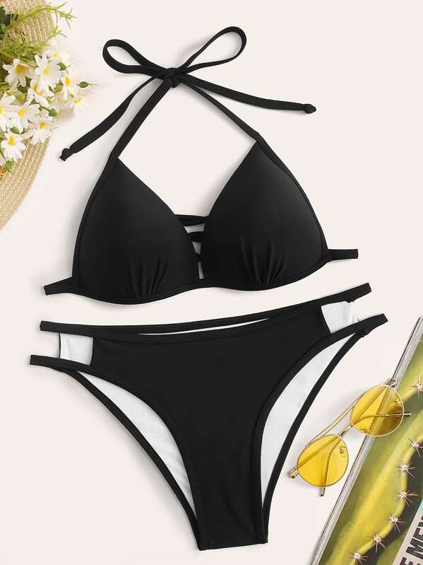 

Solid Halter Bikini Set, Black