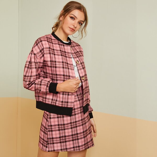 

Contrast Trim Button Up Tartan Jacket and Skirt Set, Pink pastel