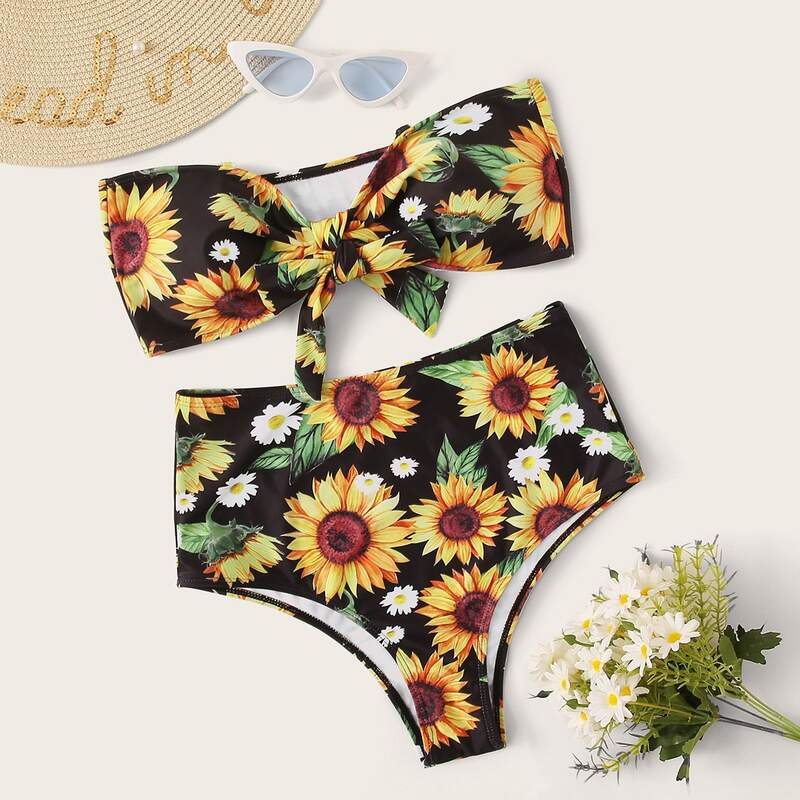 

Sunflower Knot Front Bandeau High Waisted Bikini Swimsuit, Multicolor