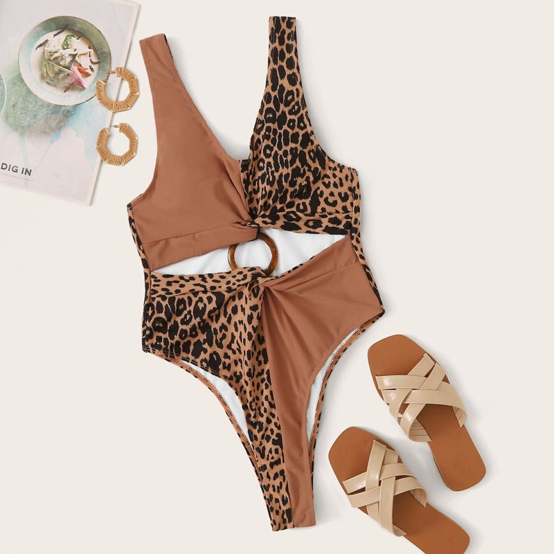

Leopard Ring Linked One Piece Swimsuit, Multicolor