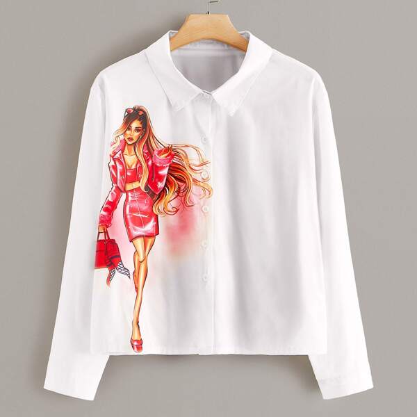 

Plus Figure Graphic Button Up Blouse, White
