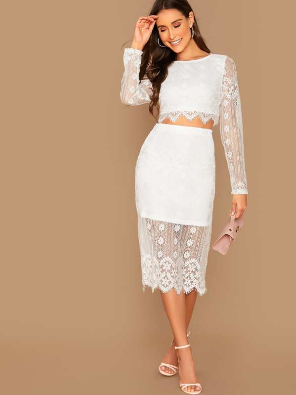 

Lace Crop Top & Skirt Set, White, Anna Herrin