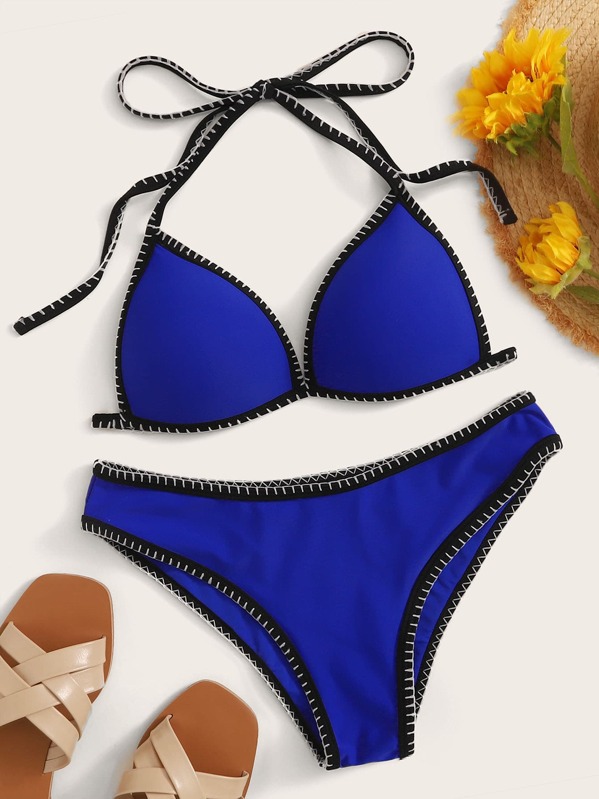 

Contrast Binding Halter Top With High Cut Bikini, Blue