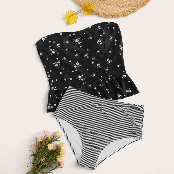 

Ditsy Floral Ruffle Trim Top With Striped High Waist Tankini, Black and white
