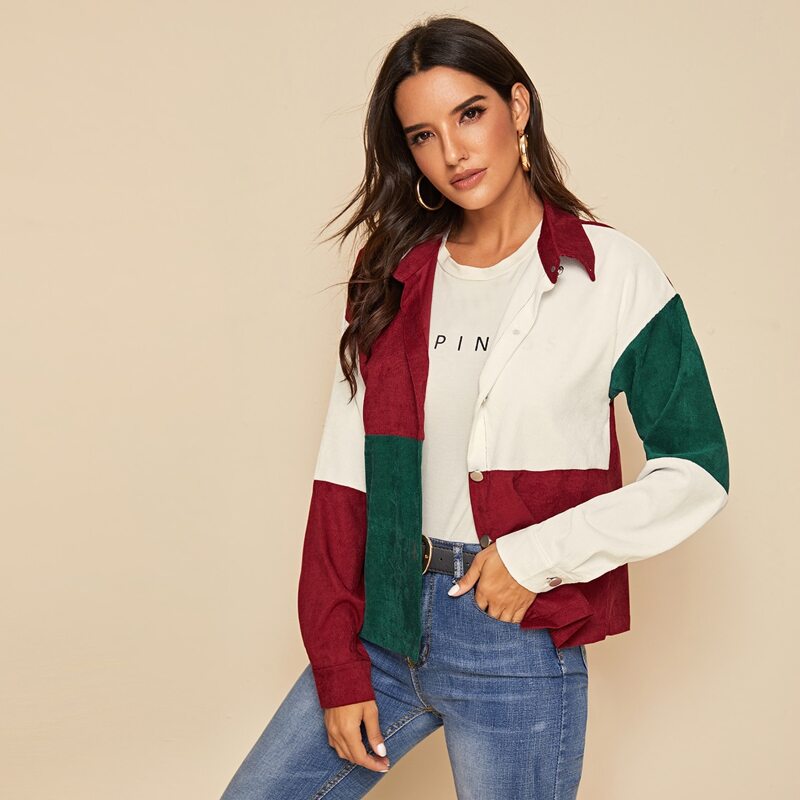 

Contrast Panel Button Through Corduroy Jacket, Multicolor