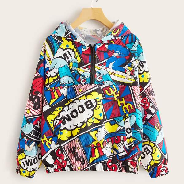 

Cartoon And Letter Graphic Anorak Jacket, Multicolor