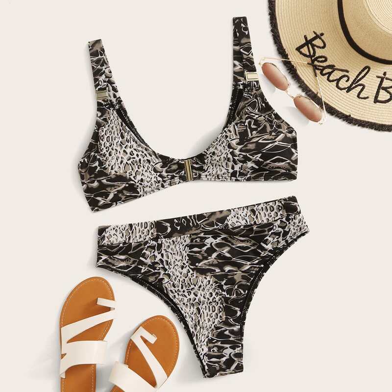 

Snakeskin Random Print High Waisted Bikini Set, Multicolor