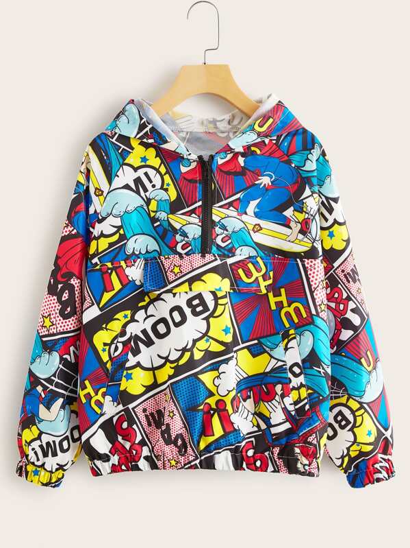 

Cartoon And Letter Graphic Anorak Jacket, Multicolor