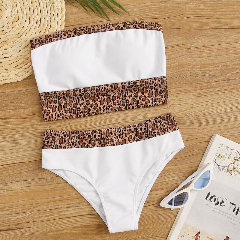 

Leopard Trim Bandeau Bikini Swimsuit, Multicolor