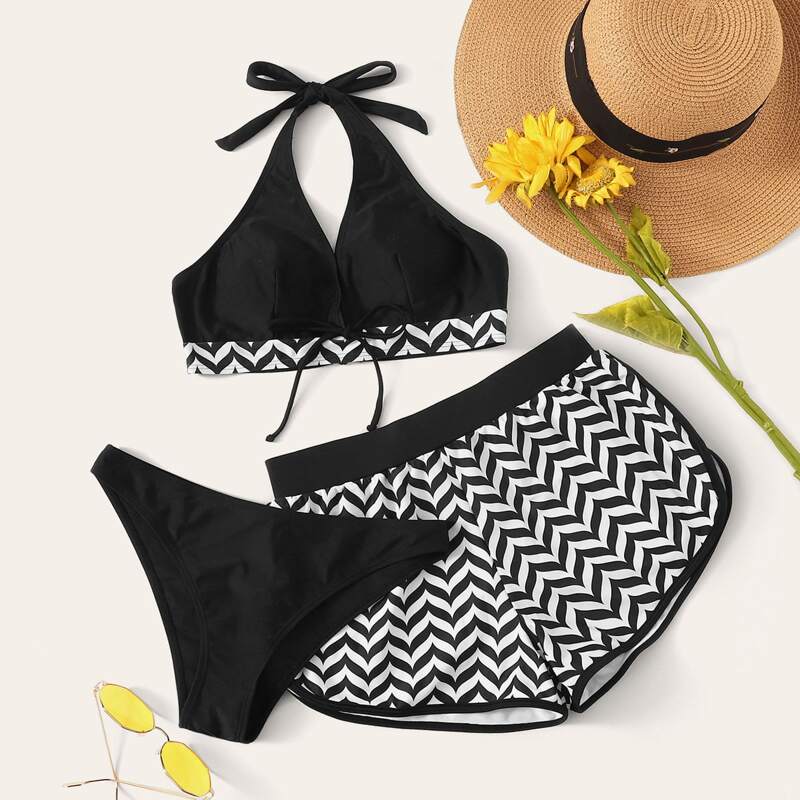 

3pack Chevron Halter Co-ord Bikini Swimsuit, Black and white