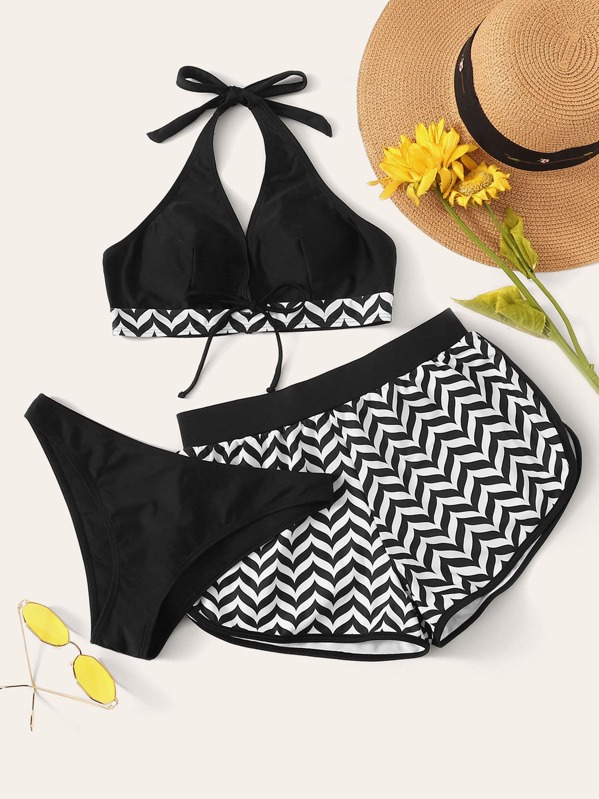 

3pcs Chevron Halter Co-ord Bikini Set, Black and white