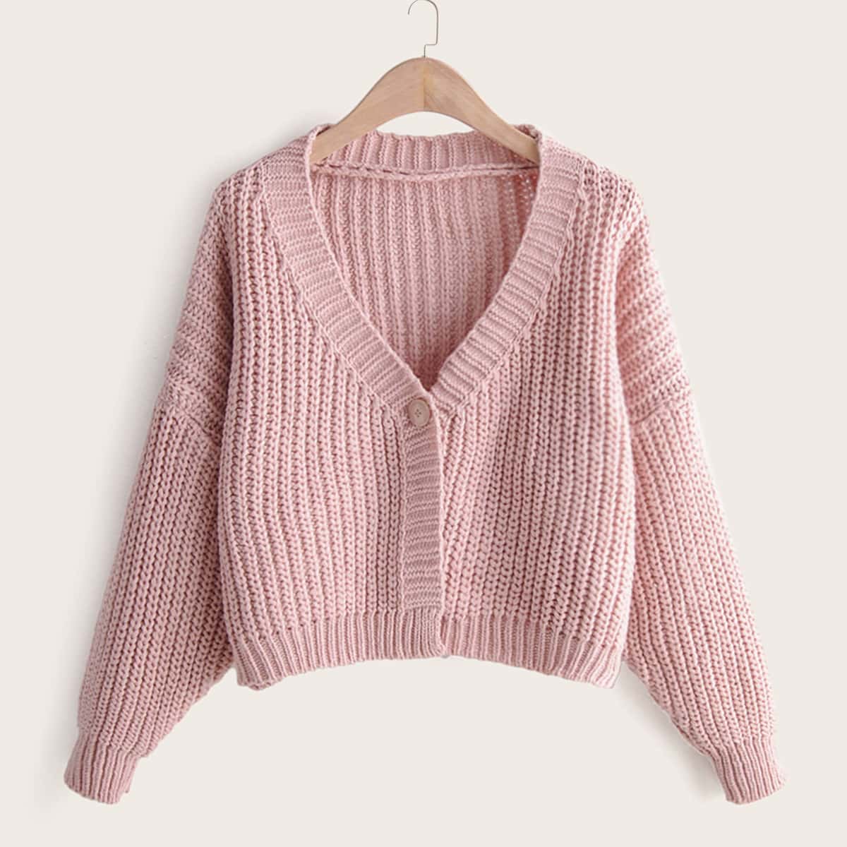 

Solid One Button Open Stitch Sweater Coat, Pink