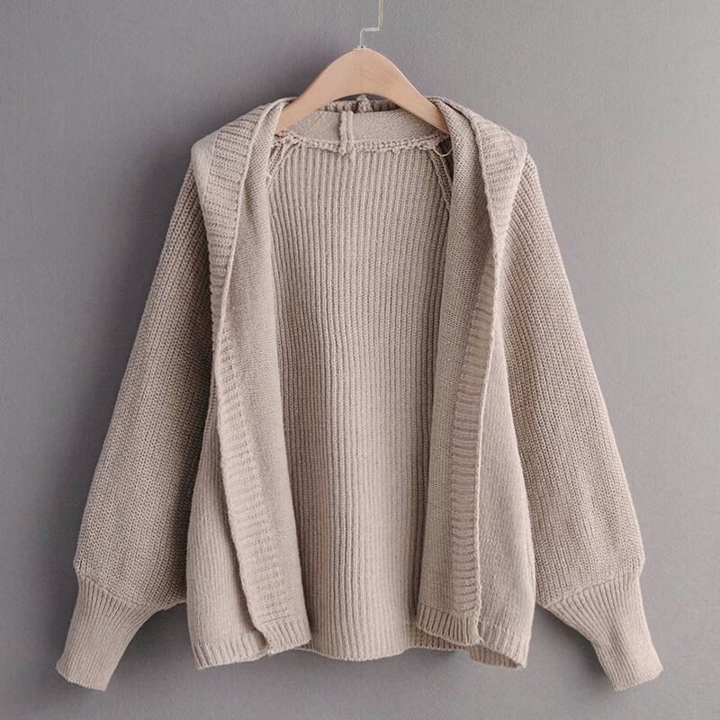 

Solid Open Front Rib-knit Hooded Cardigan, Khaki