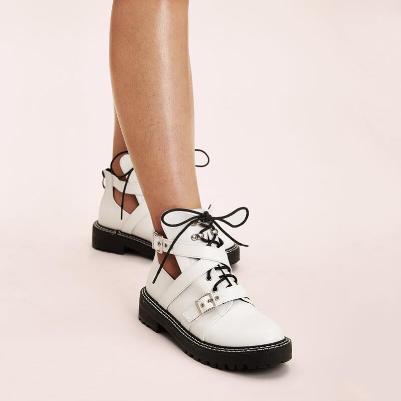 

Buckle Cut Out Side Lace Up Boots, White