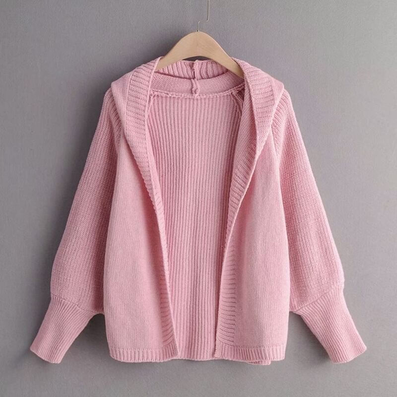

Solid Open Front Rib-knit Hooded Cardigan, Pink