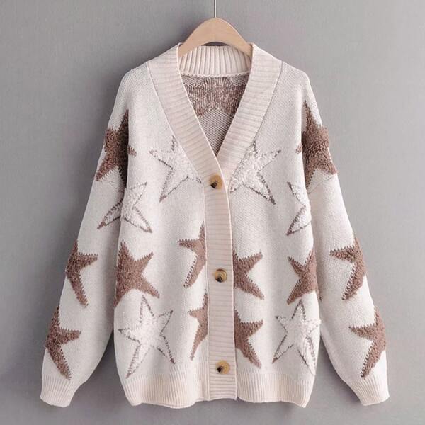 

Star Pattern V-Neck Drop Shoulder Cardigan